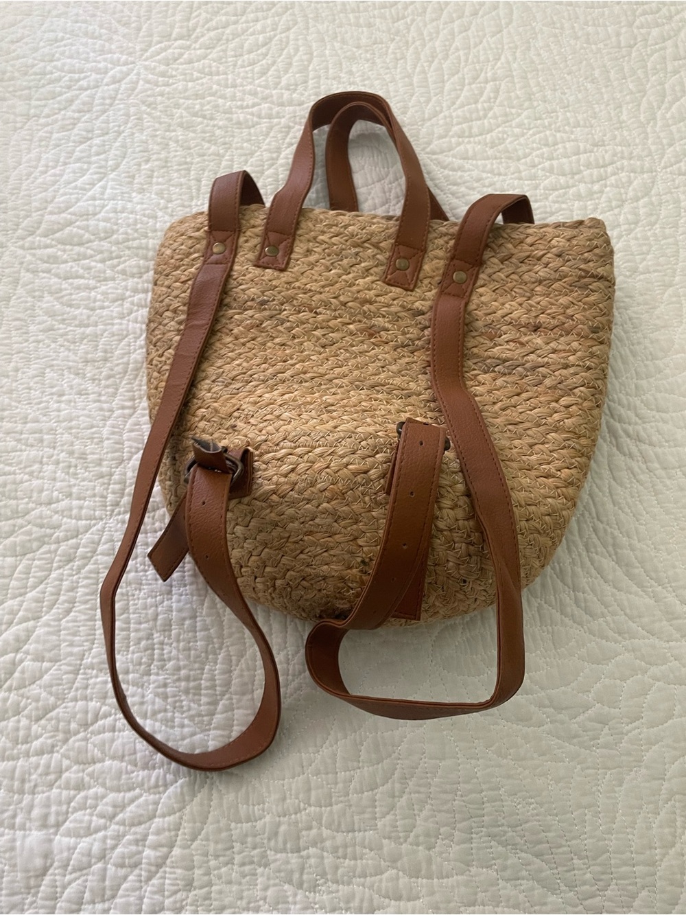Anthropologie XIX-palms Straw insulated Backpack with Brown Leather Straps - Picture 2 of 7